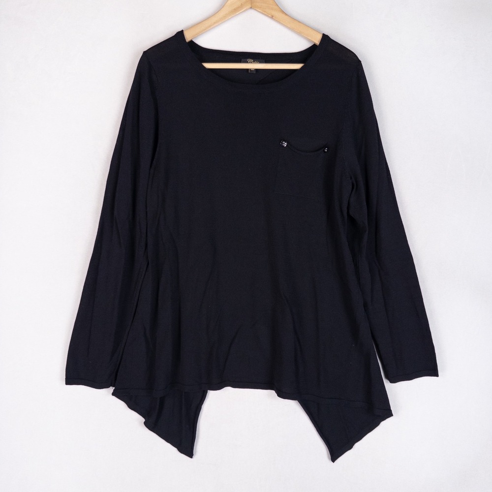 Cupio Womens Sweater XL Black Mesh Back Asymmetrical Sharkbite Hem Long Sleeve